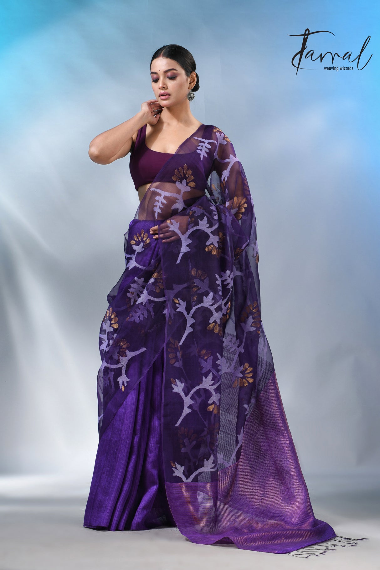 Dark Purple half & half matka muslin handwoven work jamdani saree