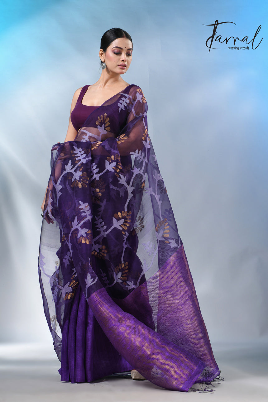 Dark Purple half & half matka muslin handwoven work jamdani saree