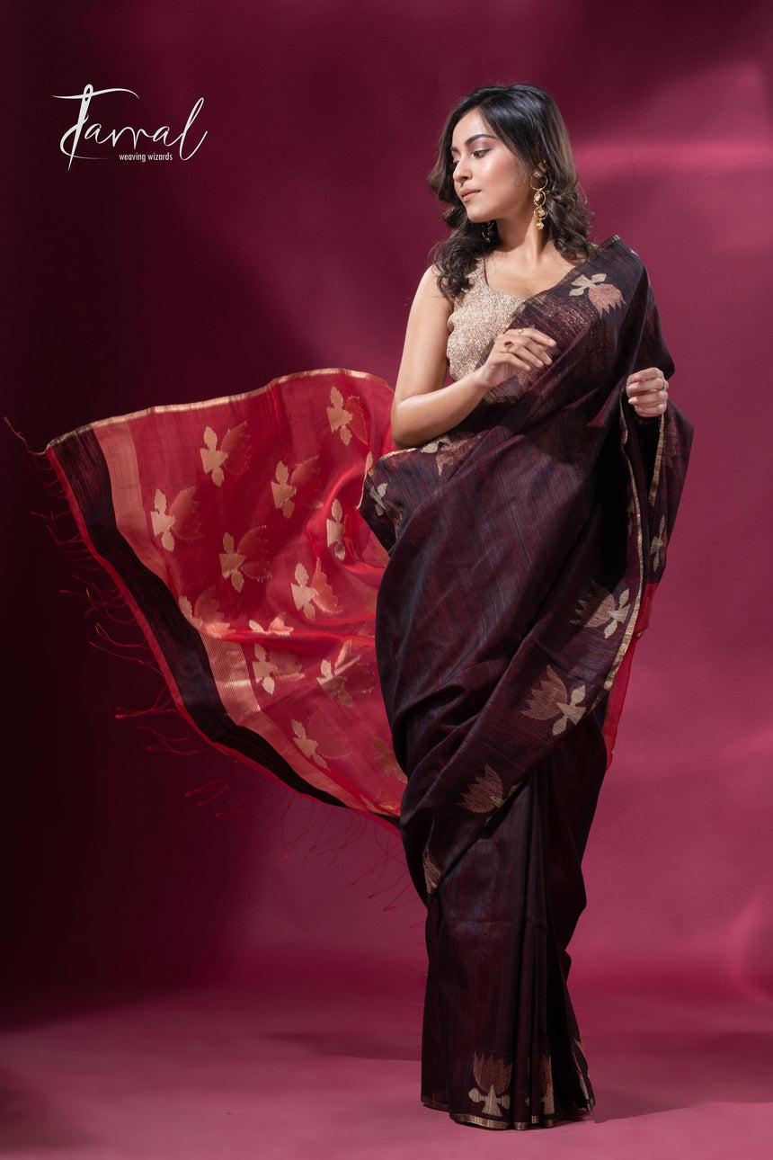 Dark brown with Red pallu golden lotus matka silk handwoven jamdani saree - Tamal Boutique