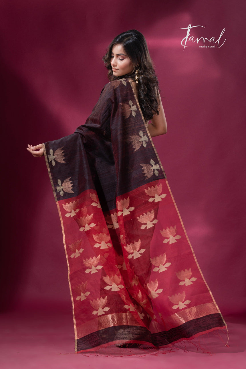 Dark brown with Red pallu golden lotus matka silk handwoven jamdani saree - Tamal Boutique