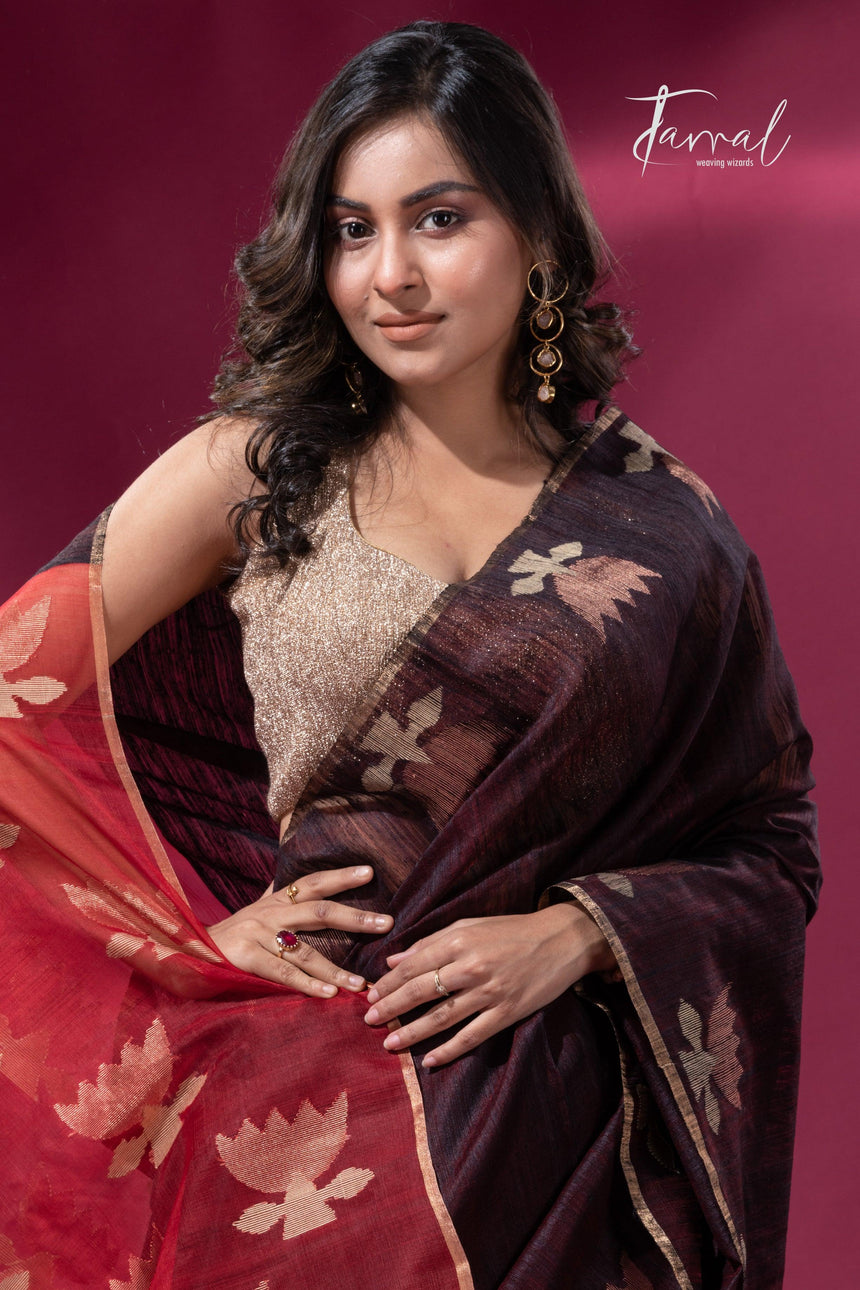Dark brown with Red pallu golden lotus matka silk handwoven jamdani saree - Tamal Boutique