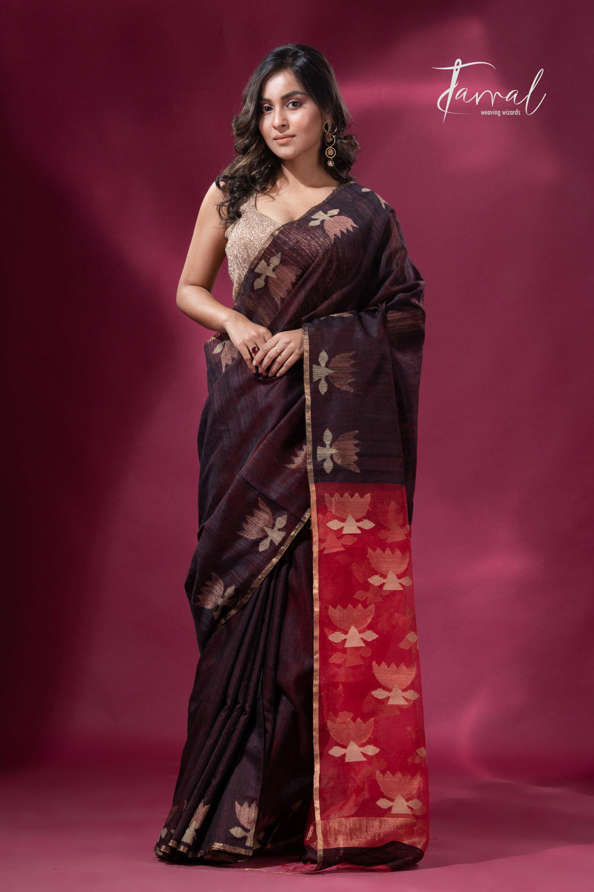 Dark brown with Red pallu golden lotus matka silk handwoven jamdani saree - Tamal Boutique