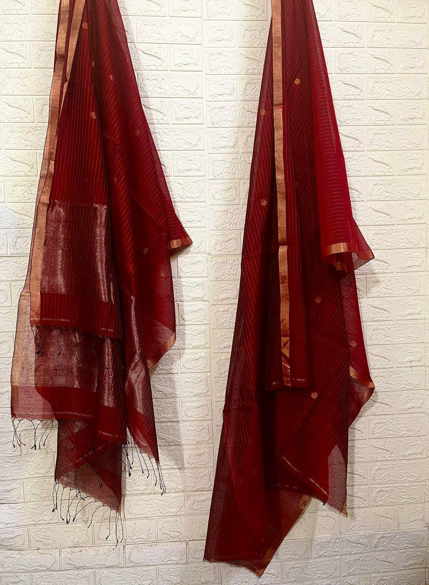 Dark red silk cotton kurti & dupatta handwoven jamdani piece - Tamal Boutique