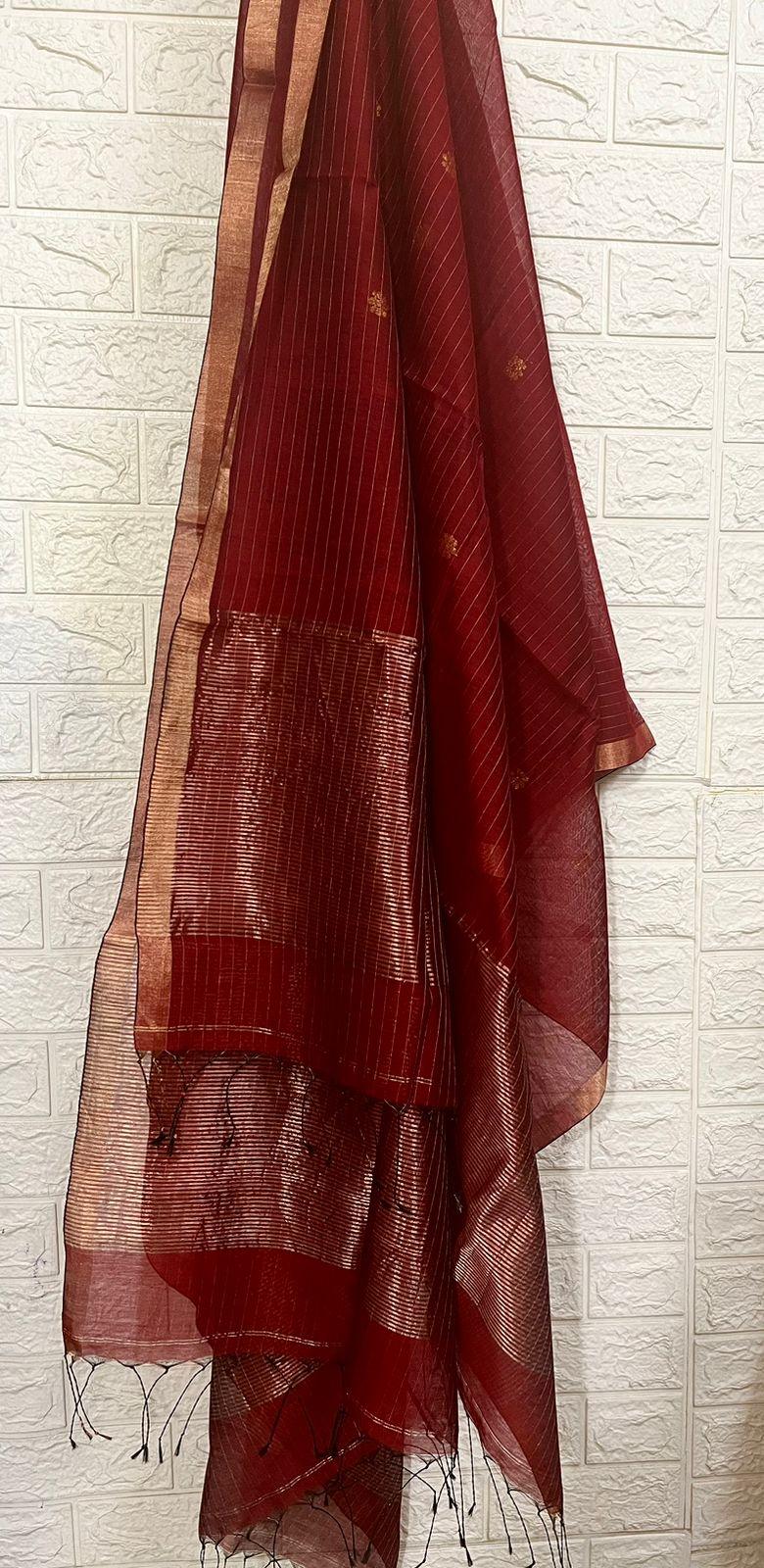 Dark red silk cotton kurti & dupatta handwoven jamdani piece - Tamal Boutique