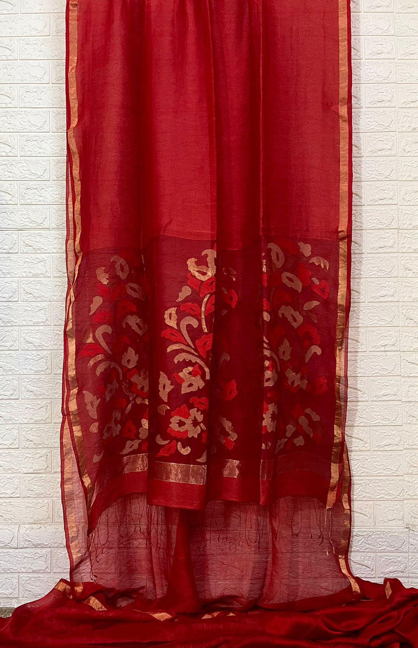 Cherry red silk linen handwoven jamdani saree - Tamal Boutique