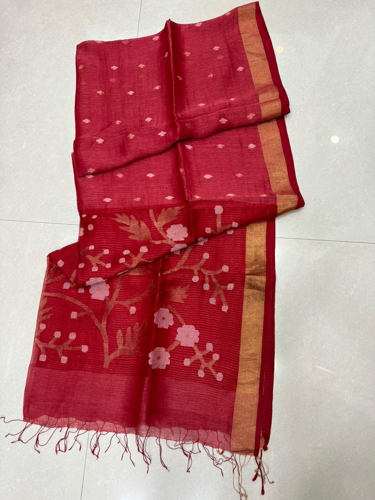 Dark Red with zari border floral border silk linen handwoven jamdani saree - Tamal Boutique