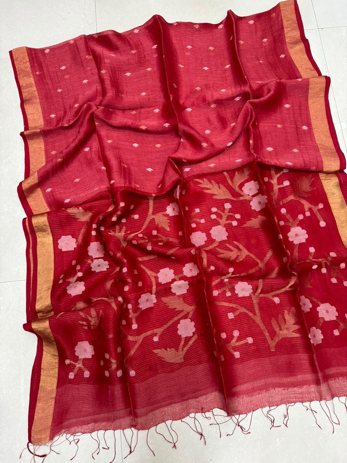 Dark Red with zari border floral border silk linen handwoven jamdani saree - Tamal Boutique