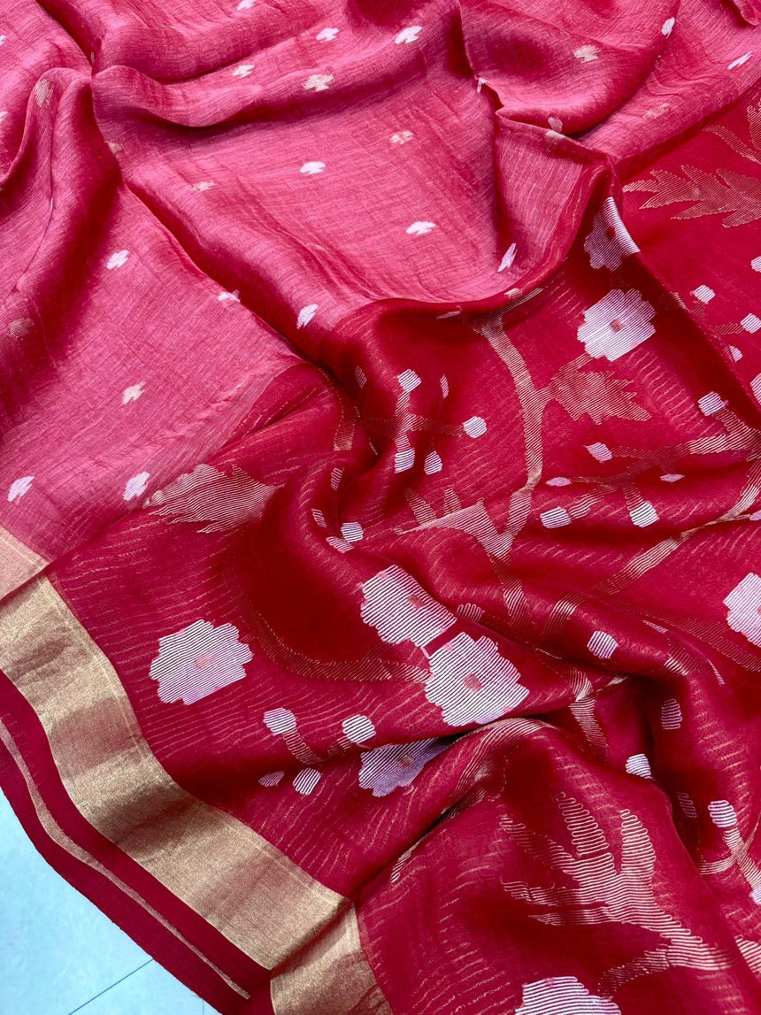 Dark Red with zari border floral border silk linen handwoven jamdani saree - Tamal Boutique