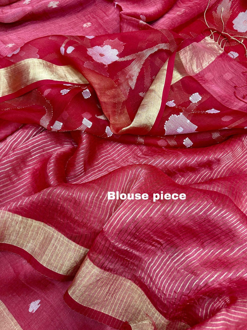 Dark Red with zari border floral border silk linen handwoven jamdani saree - Tamal Boutique