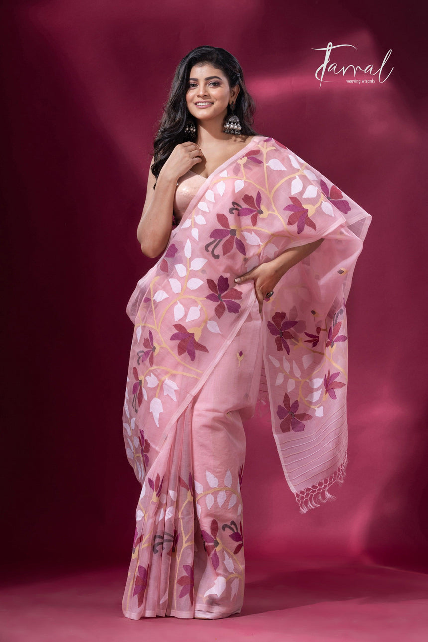 Deep Dust Pink & maroon muslin silk handwoven jamdani saree