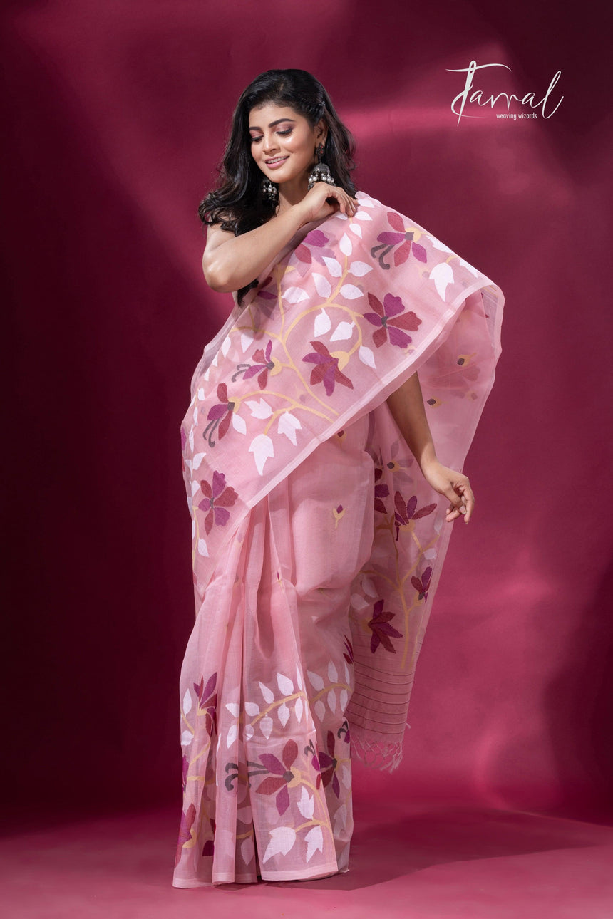 Deep Dust Pink & maroon muslin silk handwoven jamdani saree4
