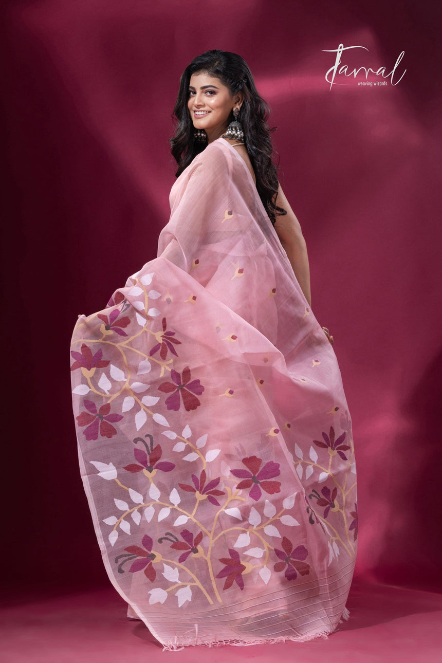 Deep Dust Pink & maroon muslin silk handwoven jamdani saree left