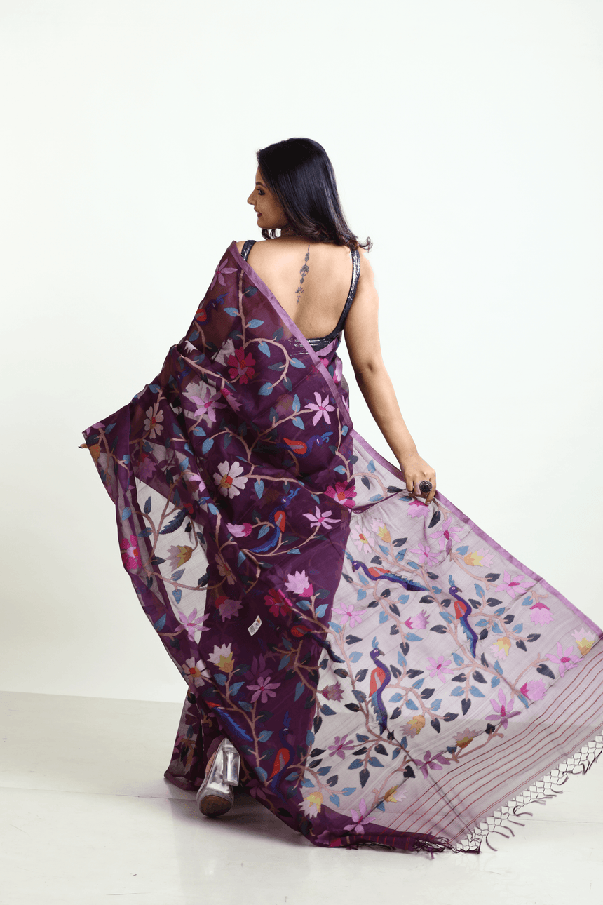 Deep Magenta all over Peacock with floral handwoven muslin silk jamdani saree - Tamal Boutique