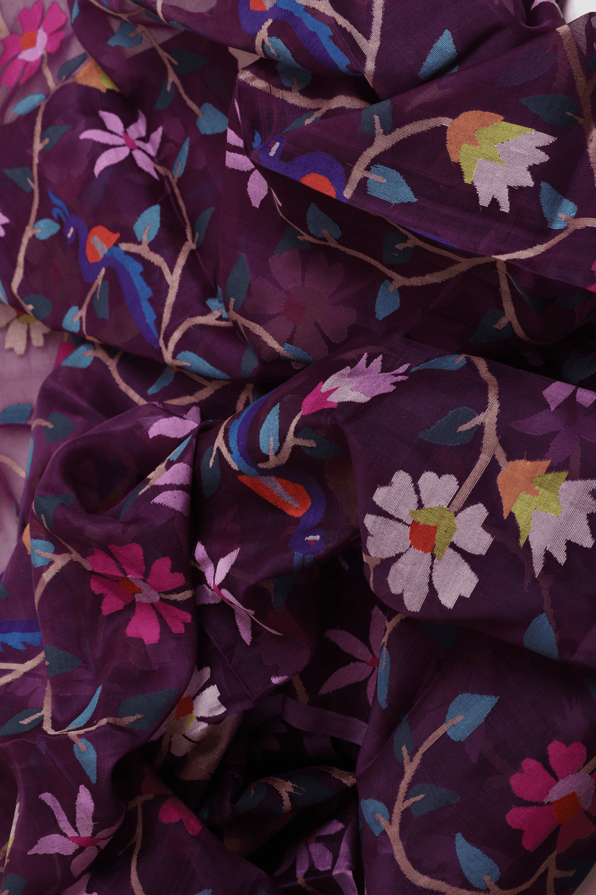 Deep Magenta all over Peacock with floral handwoven muslin silk jamdani saree - Tamal Boutique