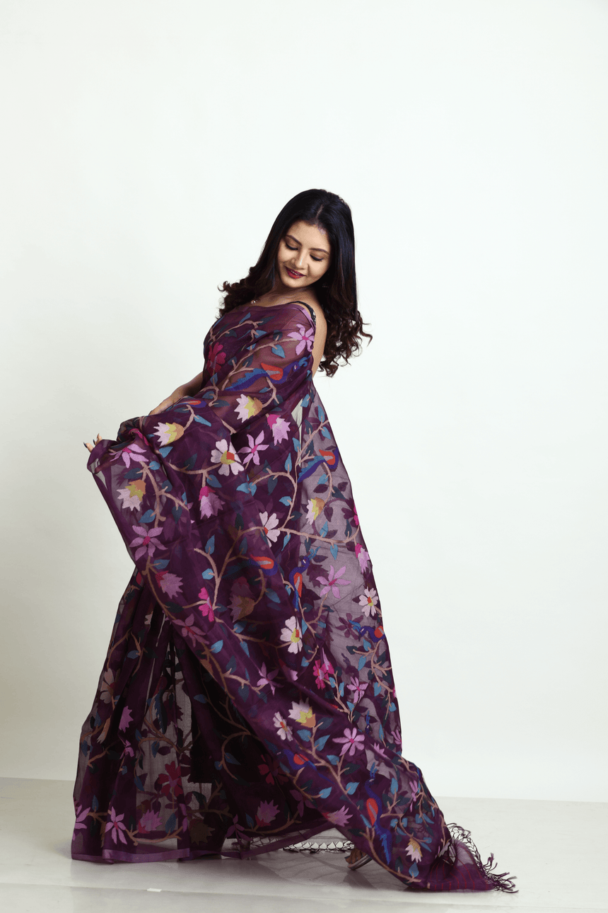 Deep Magenta all over Peacock with floral handwoven muslin silk jamdani saree - Tamal Boutique