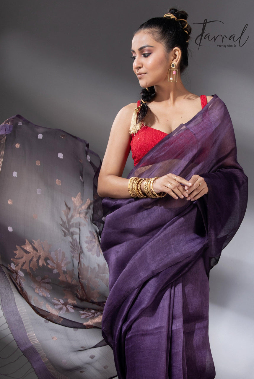 Deep Magenta silk linen handwoven jamdani saree in Kolkata cls