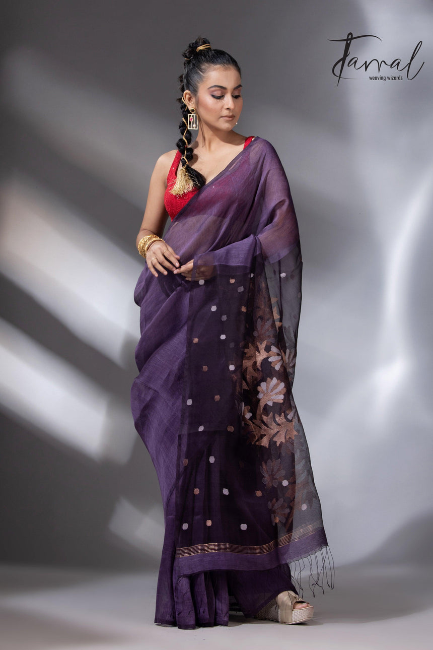 Deep Magenta silk linen handwoven jamdani saree in Kolkata full1