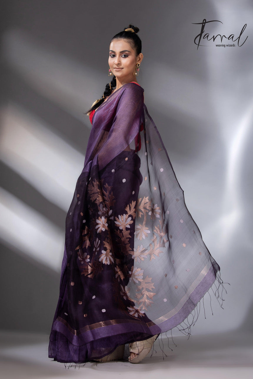 Deep Magenta silk linen handwoven jamdani saree in Kolkata left1