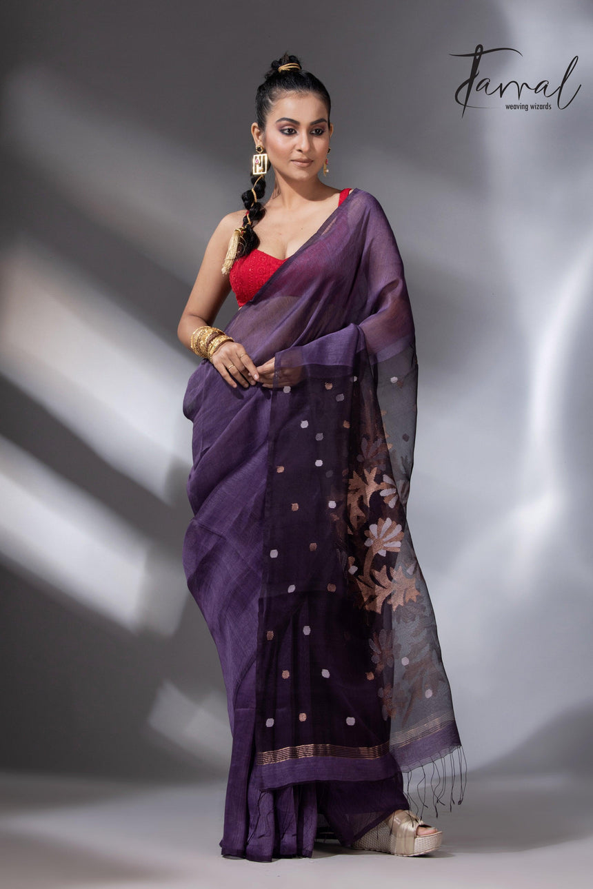 Deep Magenta silk linen handwoven jamdani saree in Kolkata right