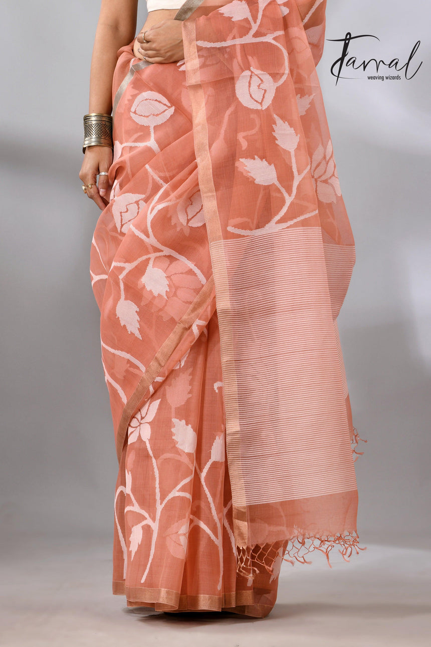 Deep Peach Handwoven Jamdani Saree with White Rose Motifs bottom