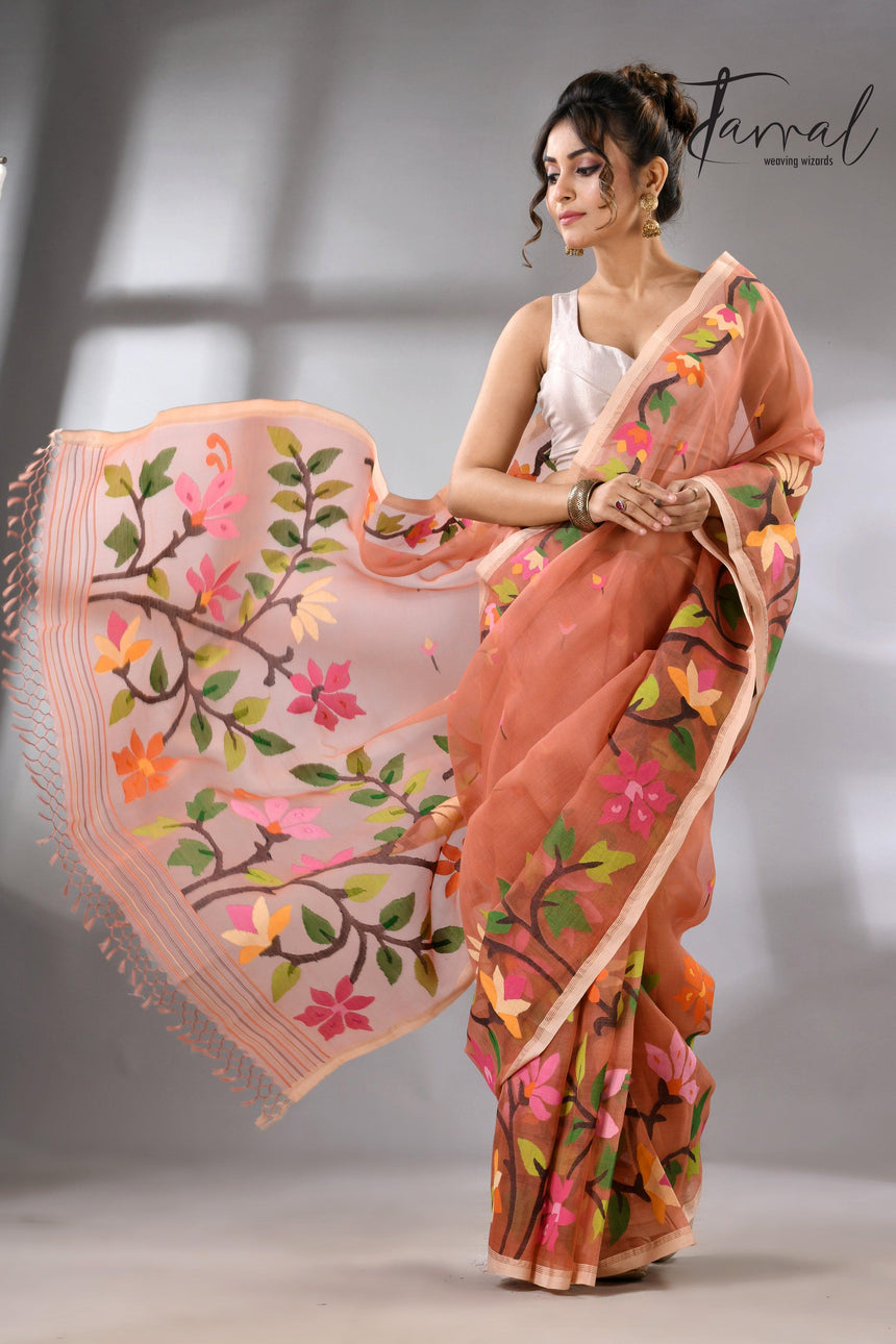 Deep peach with multicolour floral border allover handwoven muslin silk jamdani saree - Tamal Boutique