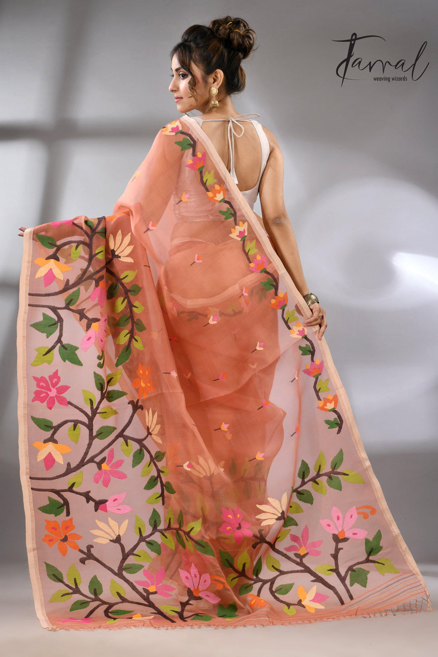 Deep peach with multicolour floral border allover handwoven muslin silk jamdani saree - Tamal Boutique