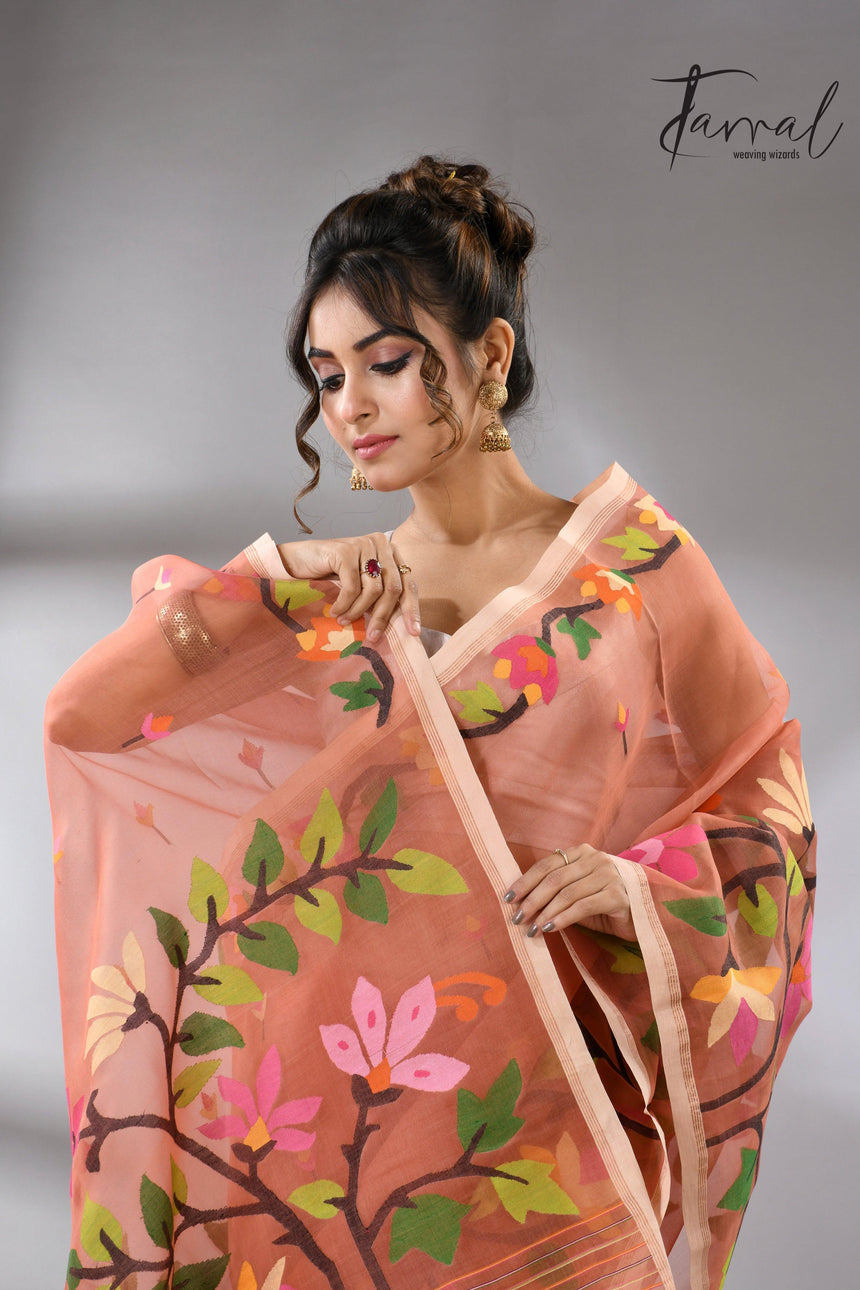 Deep peach with multicolour floral border allover handwoven muslin silk jamdani saree - Tamal Boutique