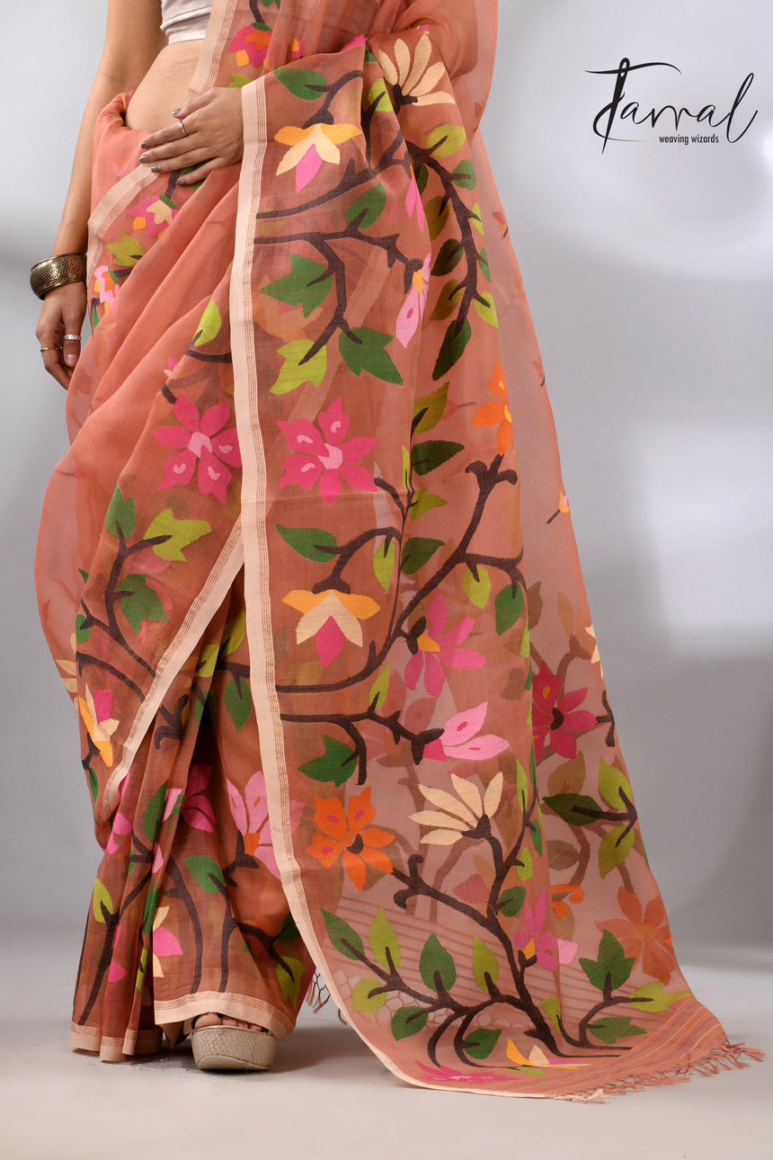 Deep peach with multicolour floral border allover handwoven muslin silk jamdani saree - Tamal Boutique