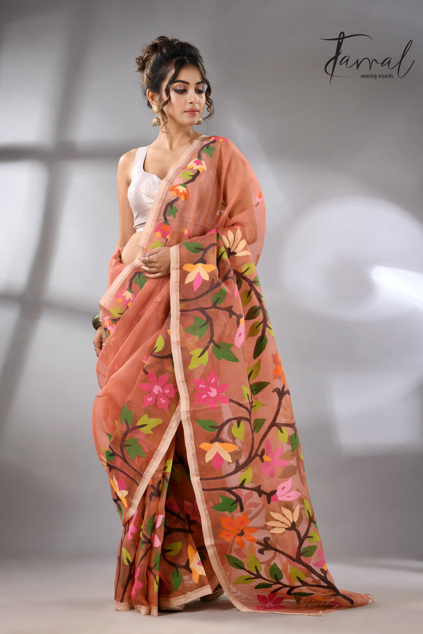Deep peach with multicolour floral border allover handwoven muslin silk jamdani saree - Tamal Boutique