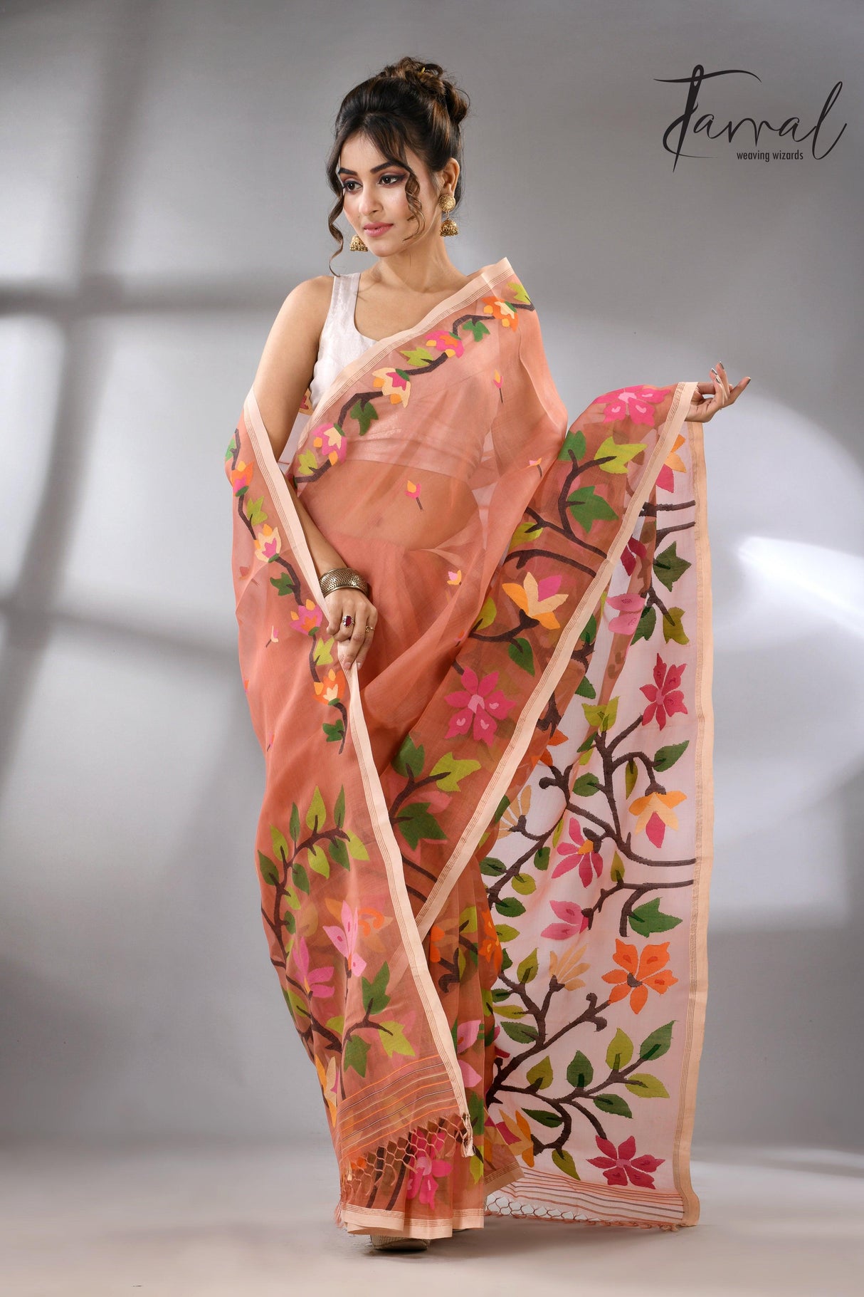 Deep peach with multicolour floral border allover handwoven muslin silk jamdani saree - Tamal Boutique