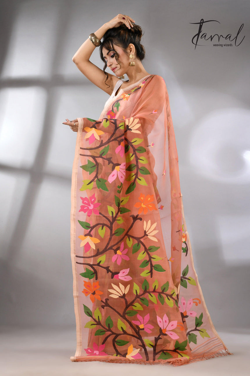 Deep peach with multicolour floral border allover handwoven muslin silk jamdani saree - Tamal Boutique
