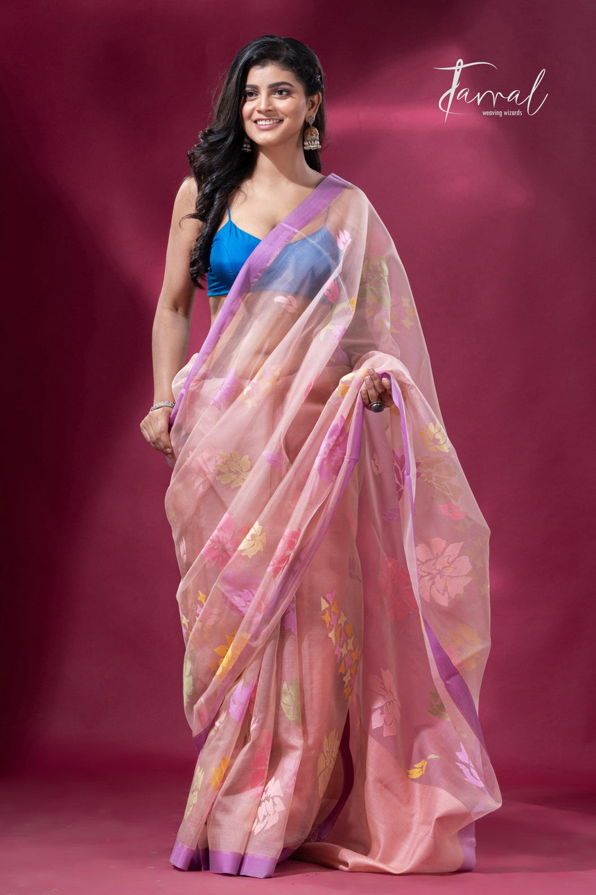Dust Pink Handwoven Jamdani Saree with motifs Purple Border