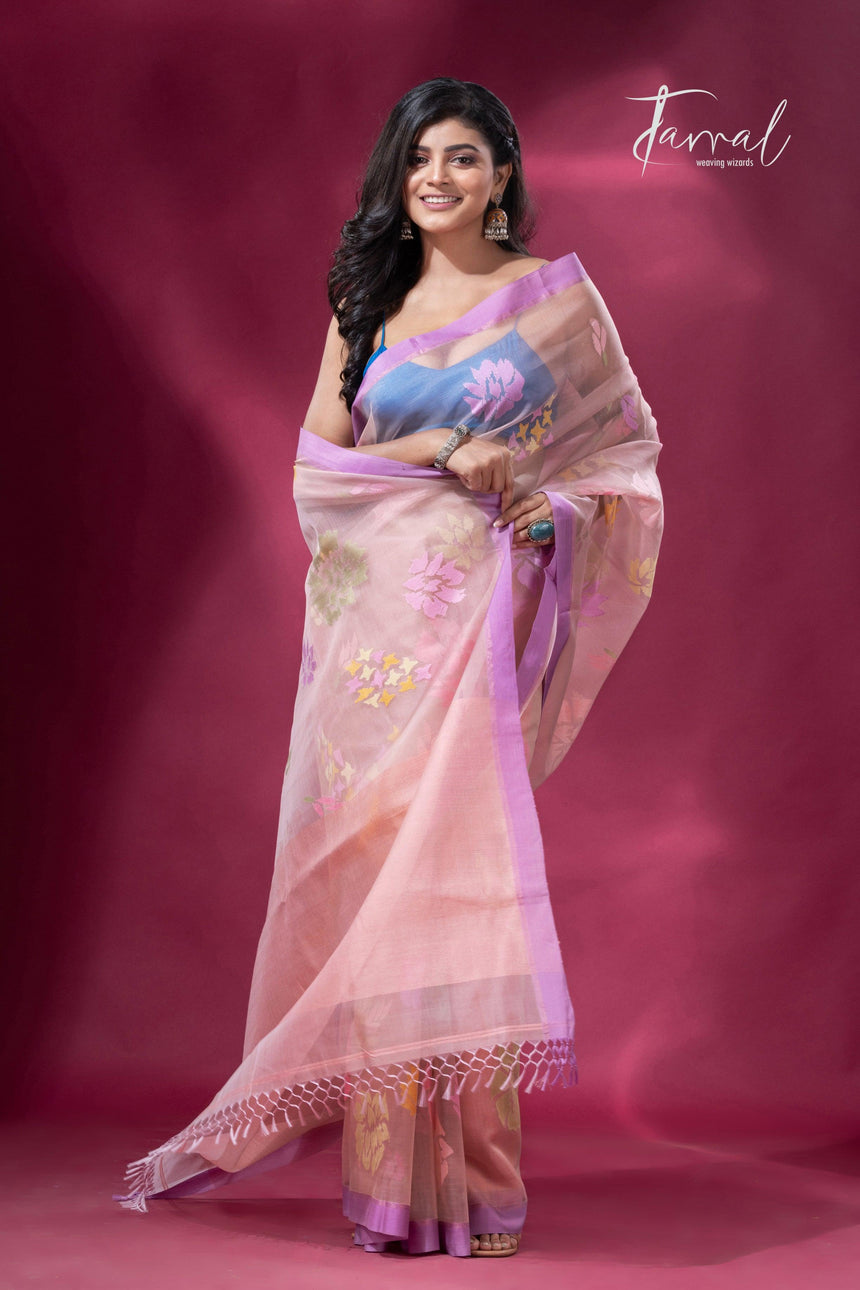 Dust Pink Handwoven Jamdani Saree with motifs Purple Border3