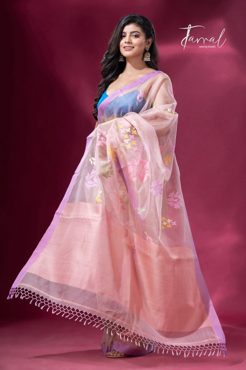 Dust Pink Handwoven Jamdani Saree with motifs Purple Border5