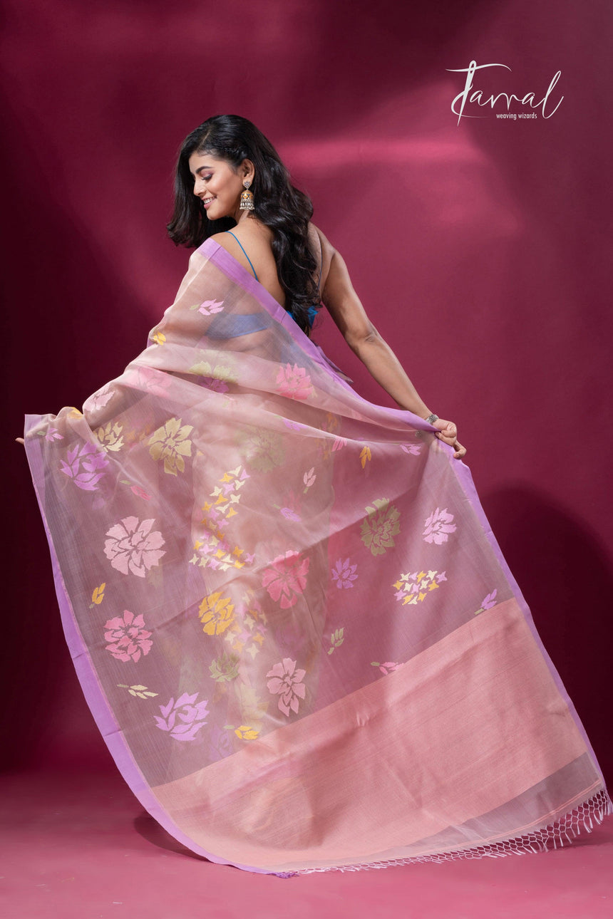 Dust Pink Handwoven Jamdani Saree with motifs Purple Border back