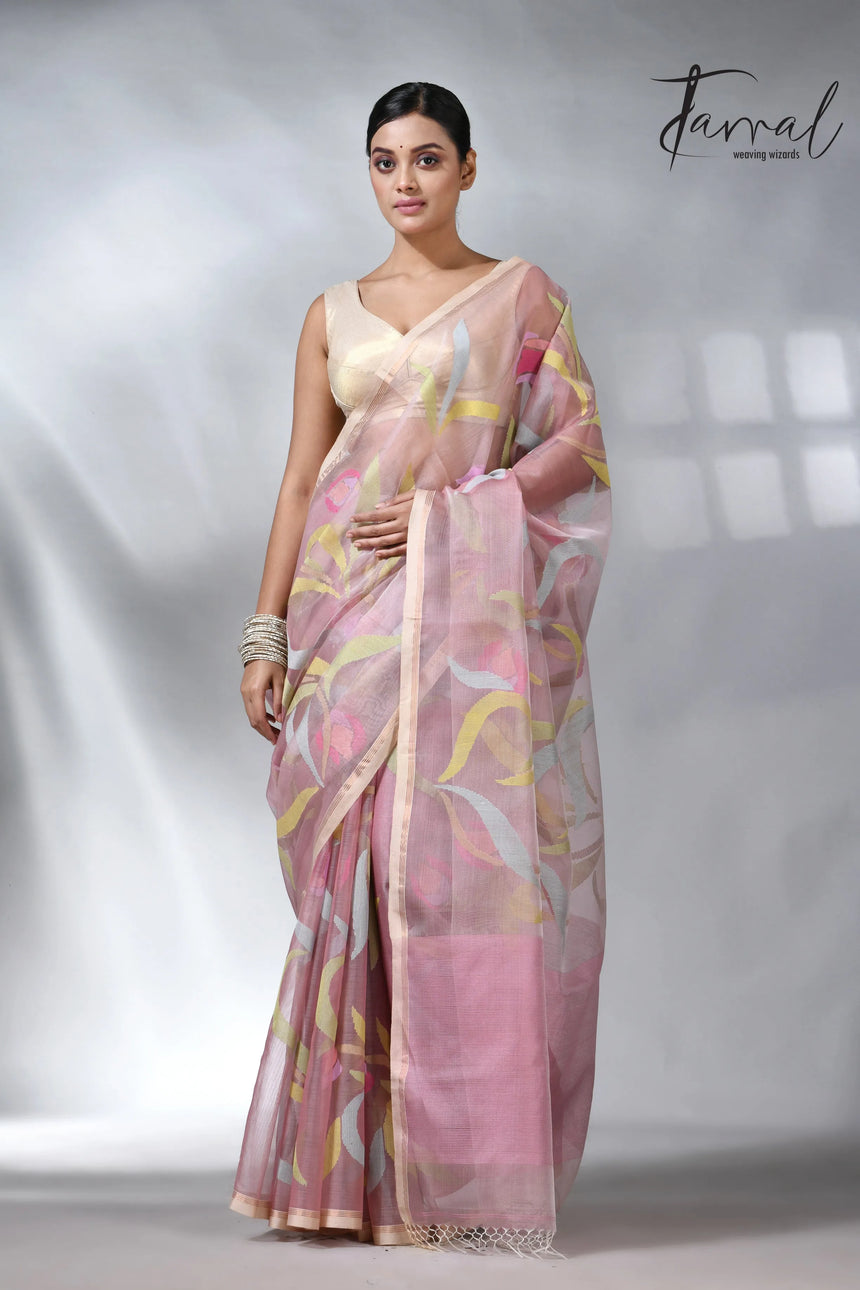 Dust pink in tulip floral handwoven muslin silk jamdani saree