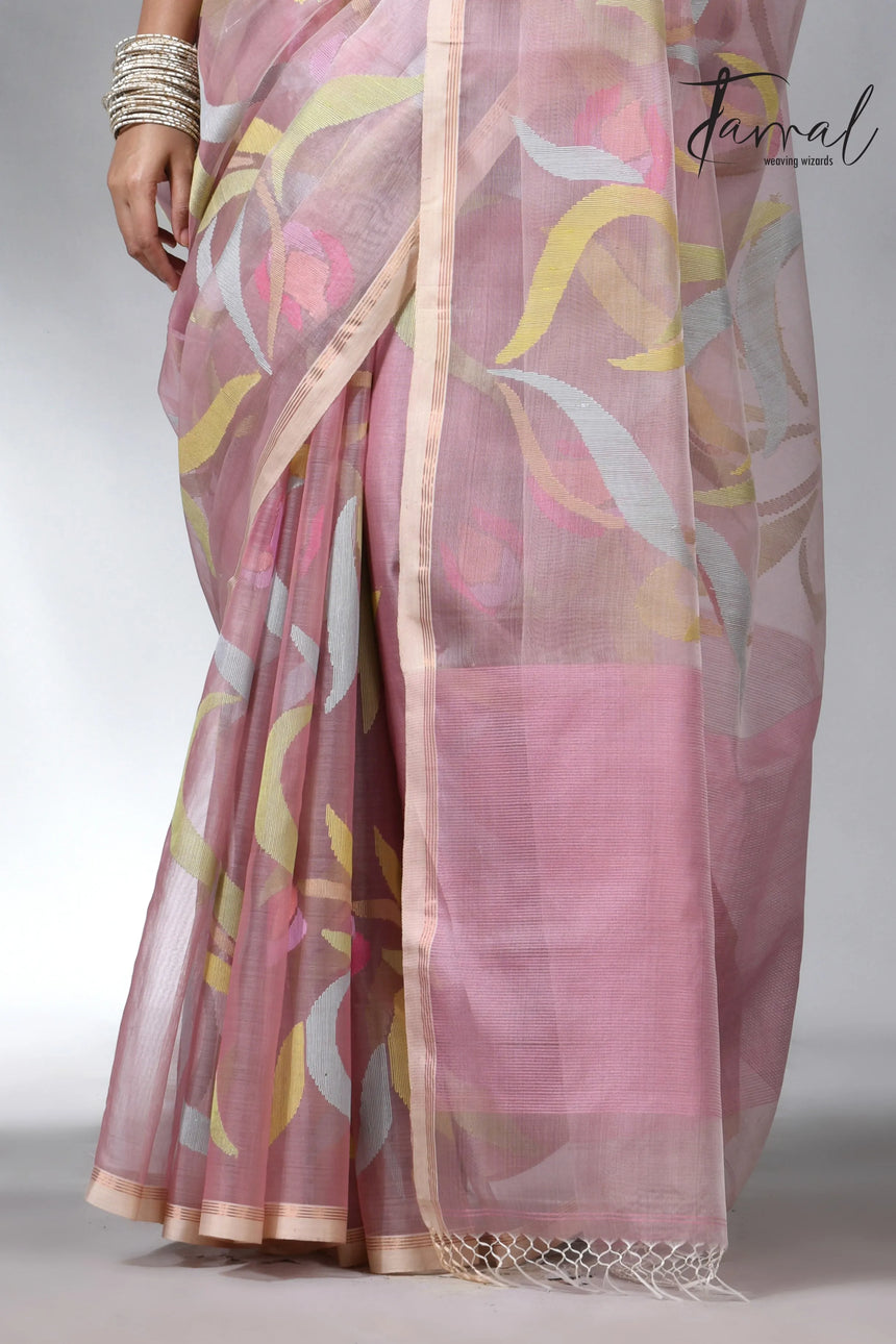 Dust pink in tulip floral handwoven muslin silk jamdani saree