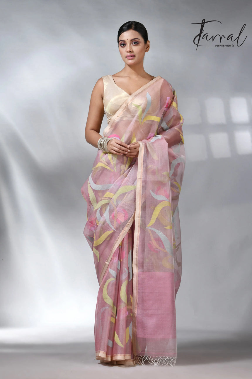 Dust pink in tulip floral handwoven muslin silk jamdani saree