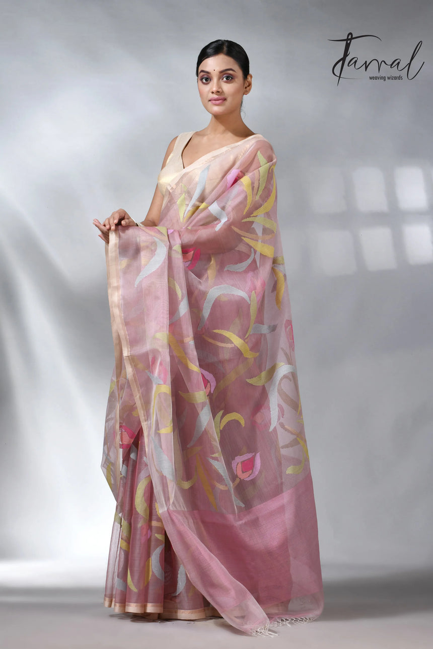 Dust pink in tulip floral handwoven muslin silk jamdani saree