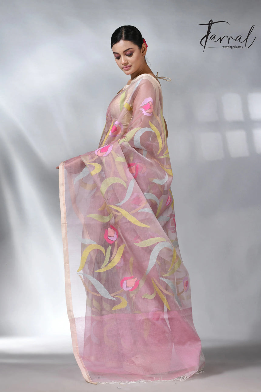 Dust pink in tulip floral handwoven muslin silk jamdani saree