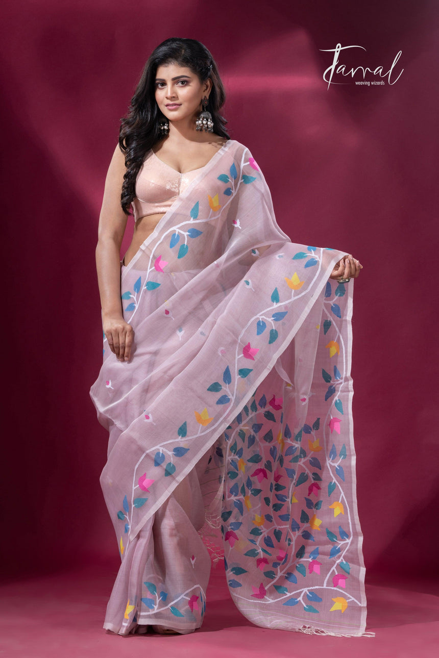 Dust pink with muslin silk floral handwoven jamdani sarees