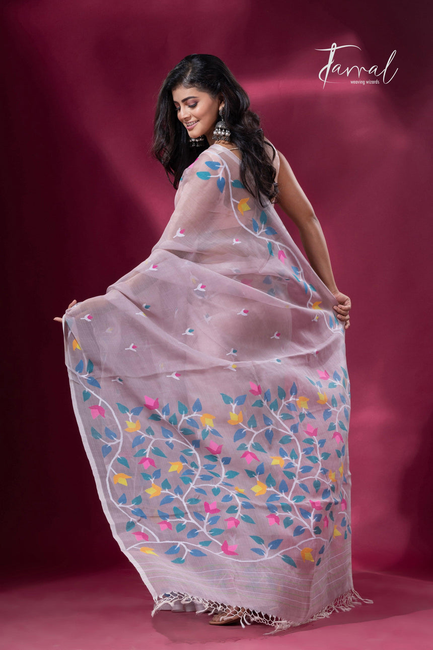 Dust pink with muslin silk floral handwoven jamdani sarees back