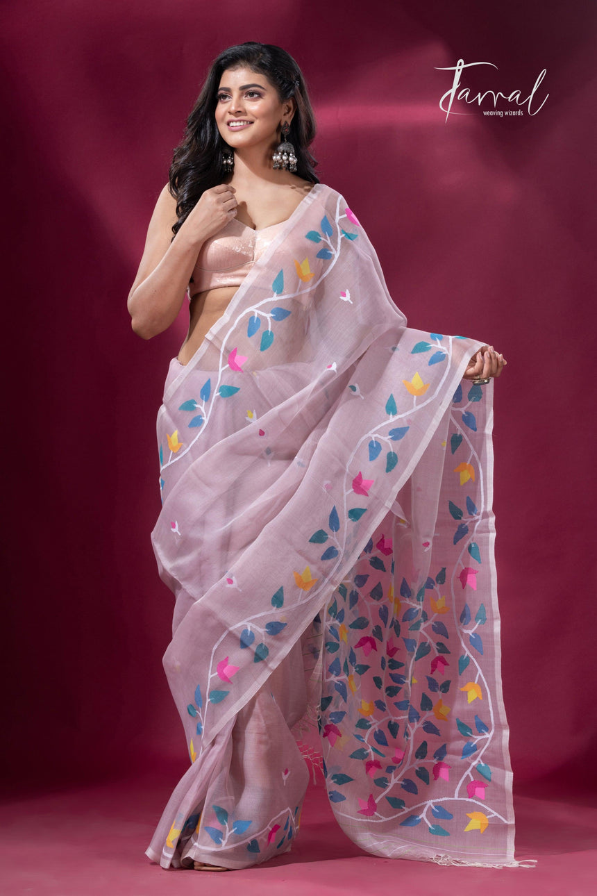 Dust pink with muslin silk floral handwoven jamdani sarees full