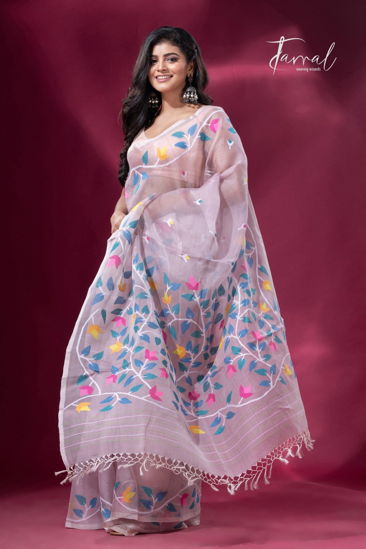 Dust pink with muslin silk floral handwoven jamdani sarees right