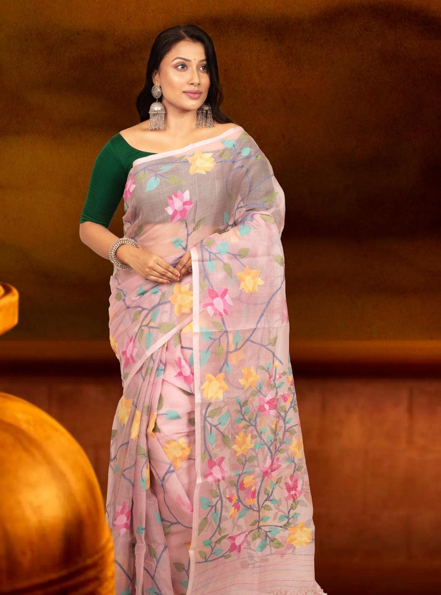 Light pink with multicolour 108 lotus motifs handwoven muslin silk jamdani saree - Tamal Boutique