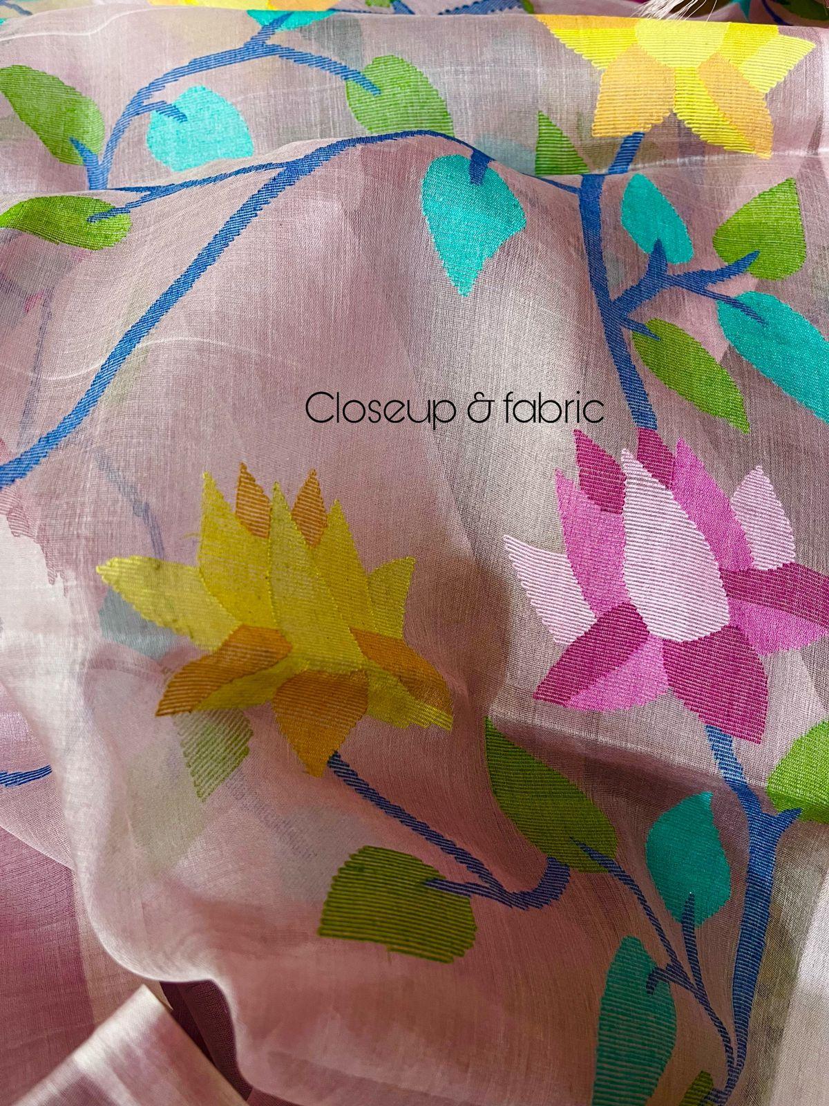 Light pink with multicolour 108 lotus motifs handwoven muslin silk jamdani saree - Tamal Boutique