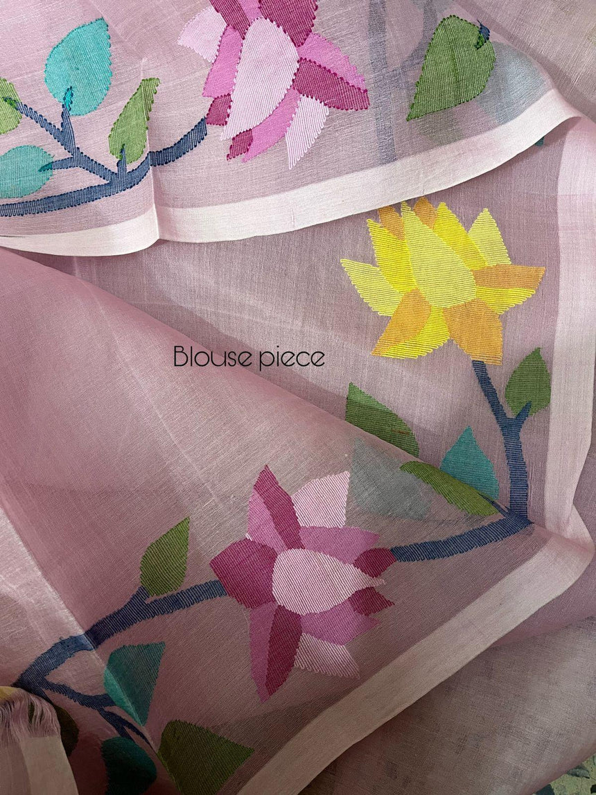 Light pink with multicolour 108 lotus motifs handwoven muslin silk jamdani saree - Tamal Boutique