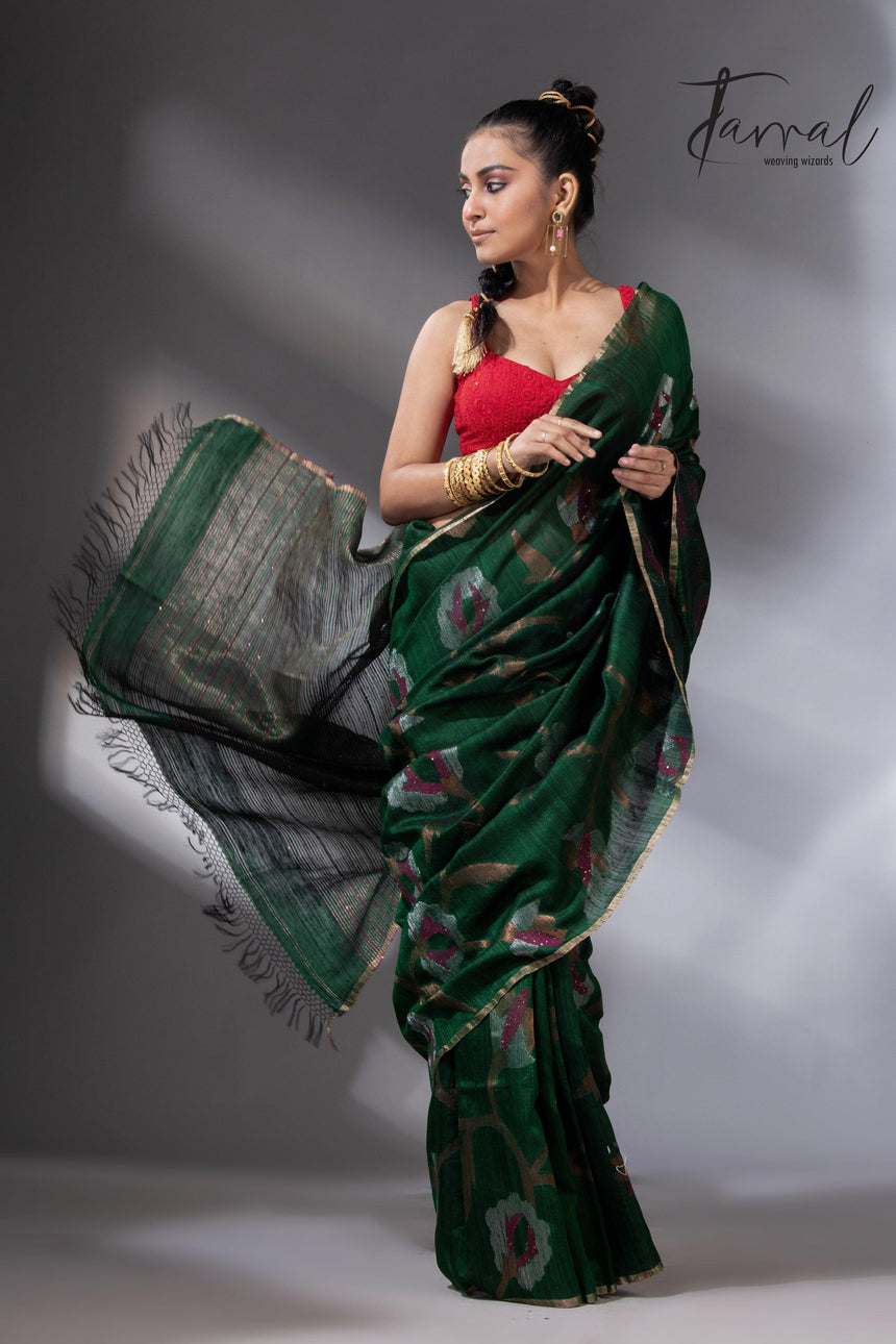 Emerald Zari Elegance allover matka silk handwoven jamdani saree