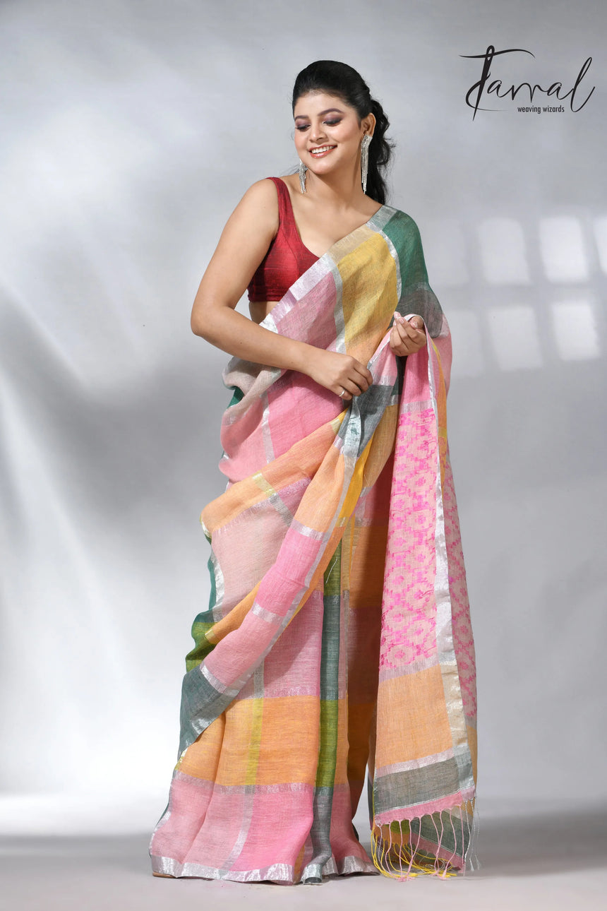 Explore the Linen products in handloom multi coloured saree