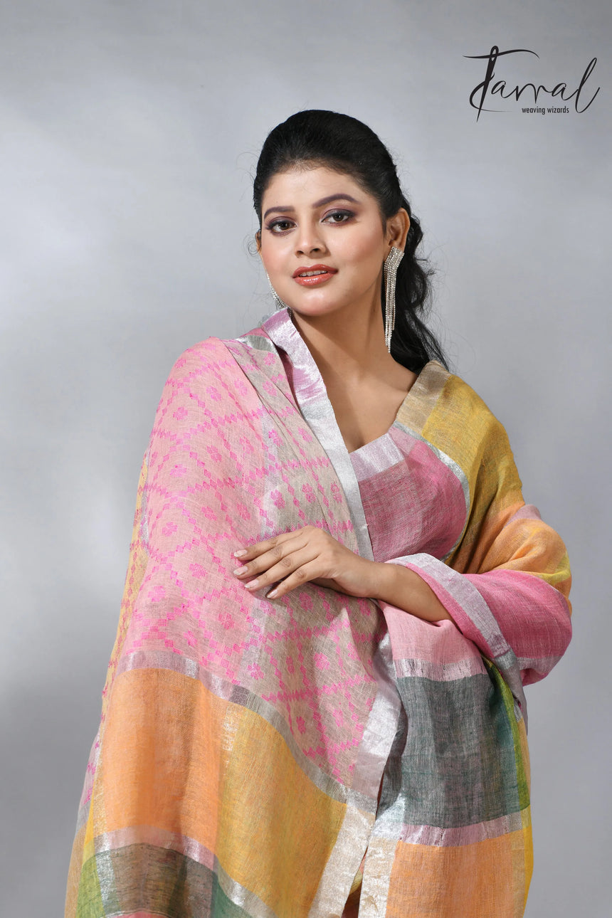 Explore the Linen products in handloom multi coloured saree